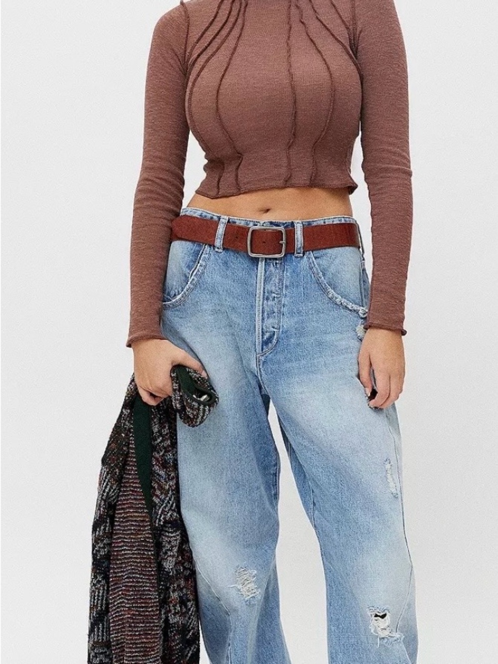 Urban outfitters BDG brown Ruffle-Trim Long Sleeve Crop Top - Picture 2 of 8